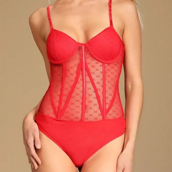NEW Red Mesh Corset Bodysuit - Picture 4 of 6
